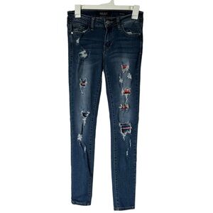 Judy Blue Stretch Distressed Skinny Jeans With Mexican Baja Exposed Fabric 26